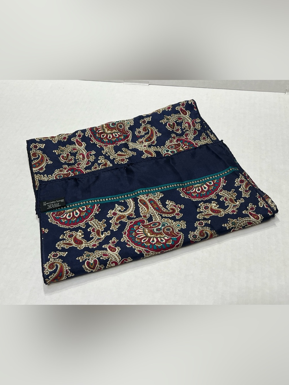 Navy Paisley Print 100% Silk Scarf with Red and Teal Accents